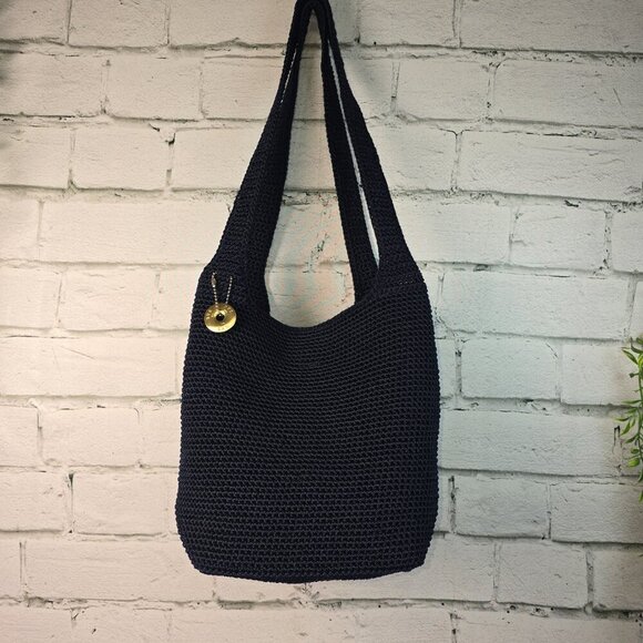 THE SAK NAVY CROCHETED DOUBLE STRAP BUCKET SHOULDER BAG PURSE EUC - Picture 5 of 10
